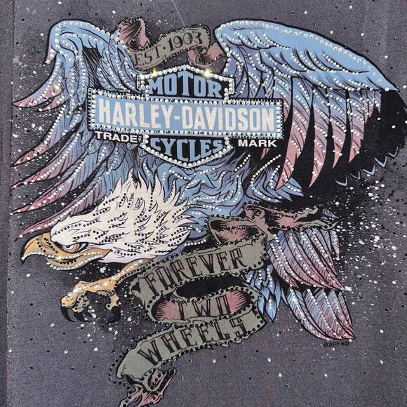 Harley Davidson Women's Jeweled Logo Forever Two Wheels V-Neck Tshirt Size XL - Picture 2 of 8